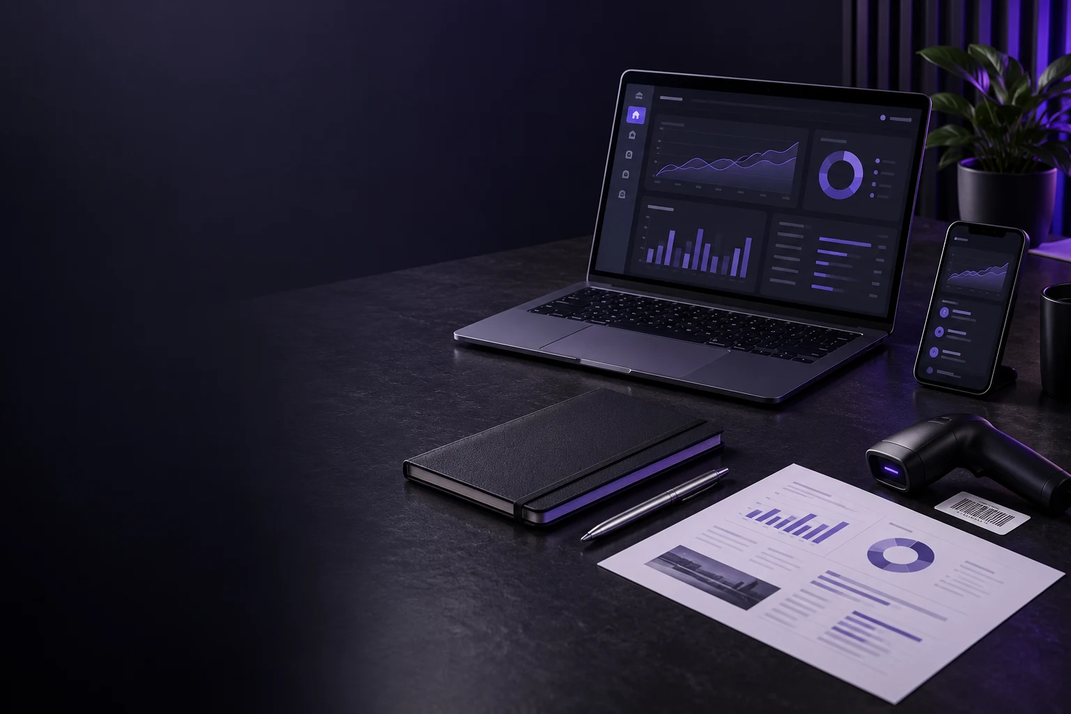 Laptop, smartphone, report, notebook and asset scanner